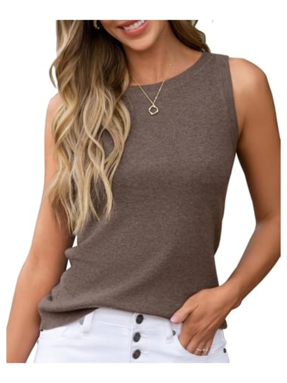 Wool Blend Sleeveless Sweater Tank Top Ribbed Knit Crew Neck